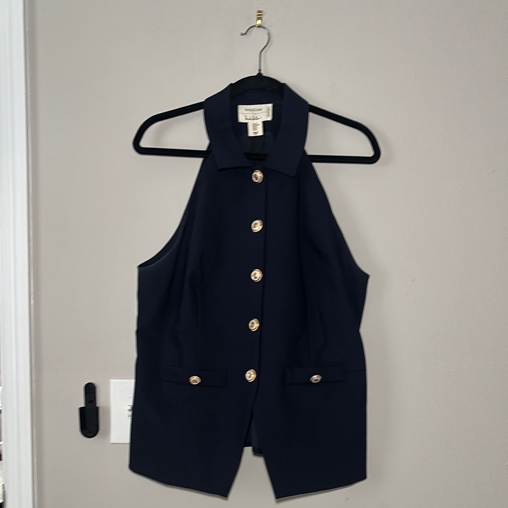 Nicole Miller Navy Collared Vest with Gold Buttons